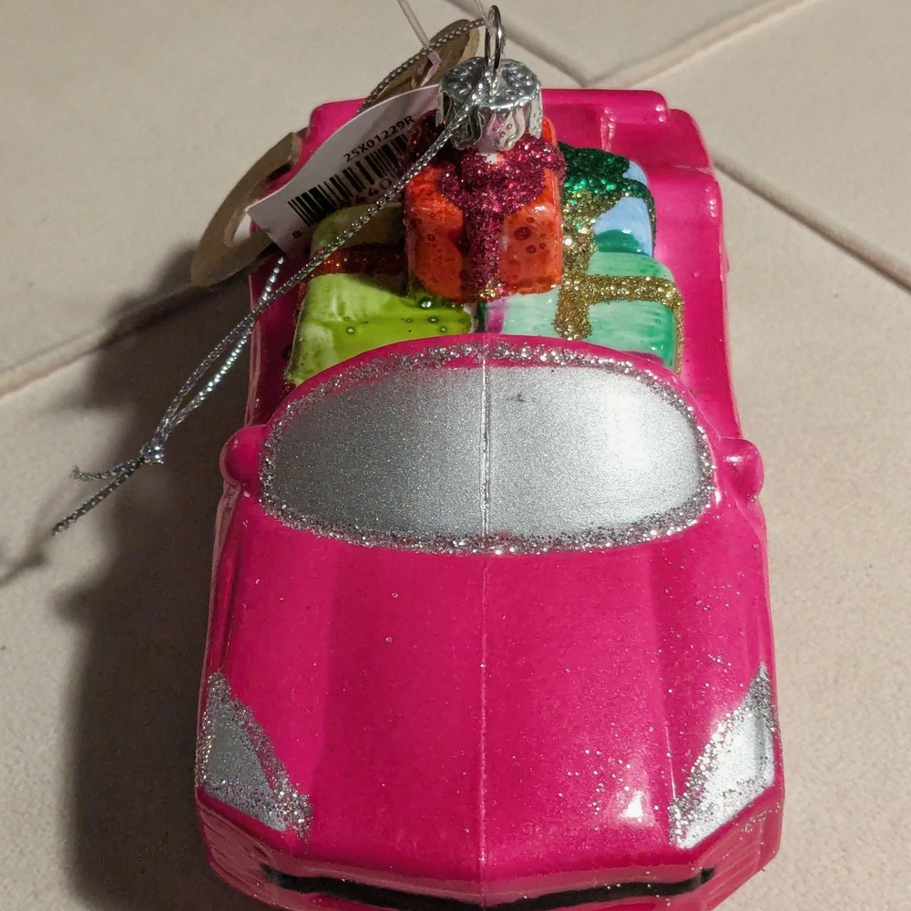 Pink Car Christmas Ornament Or Hanging Decor With Gifts.